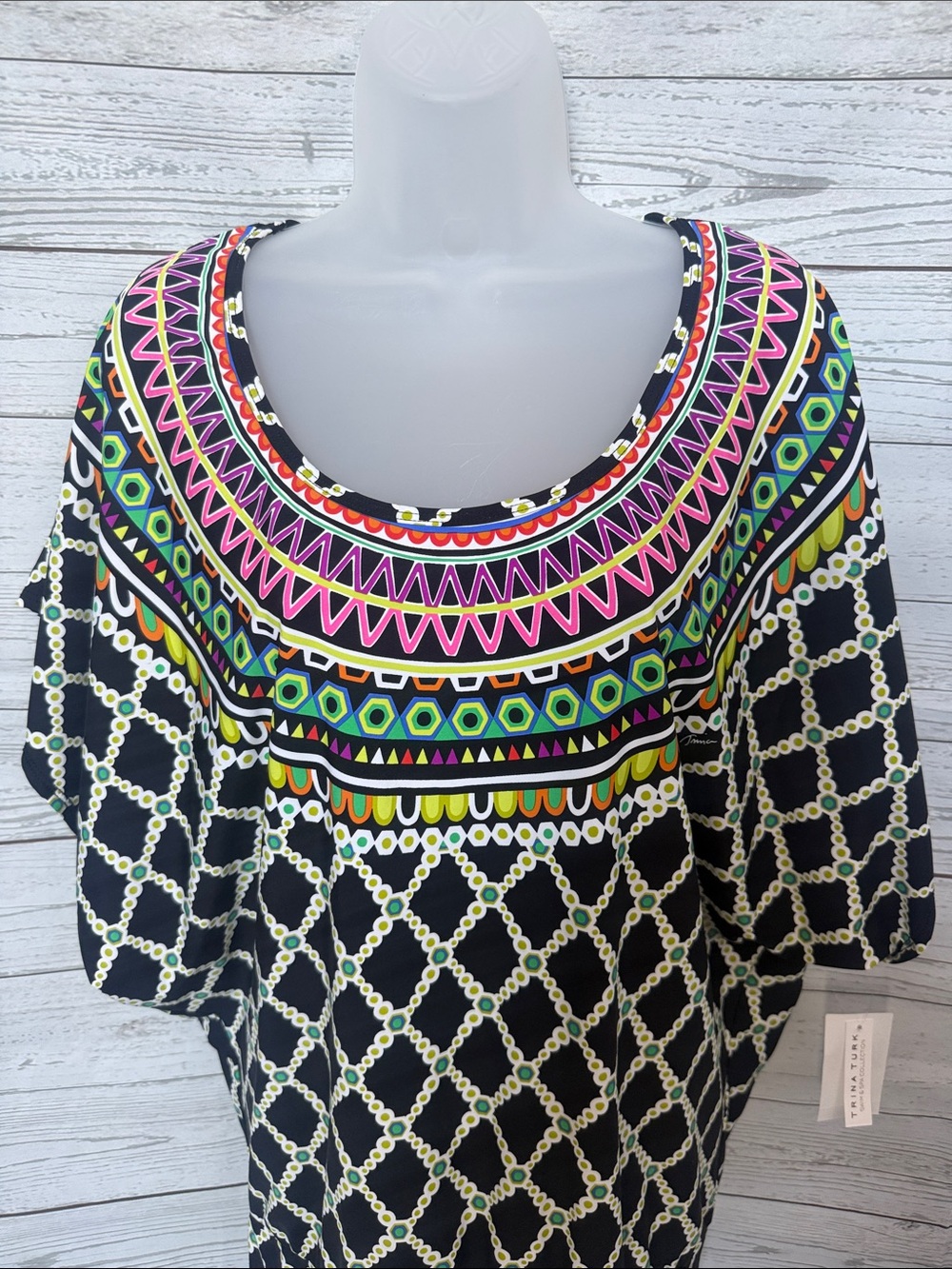 Trina Turk Black Tunic Coverup with Neon Geometric Yoke
